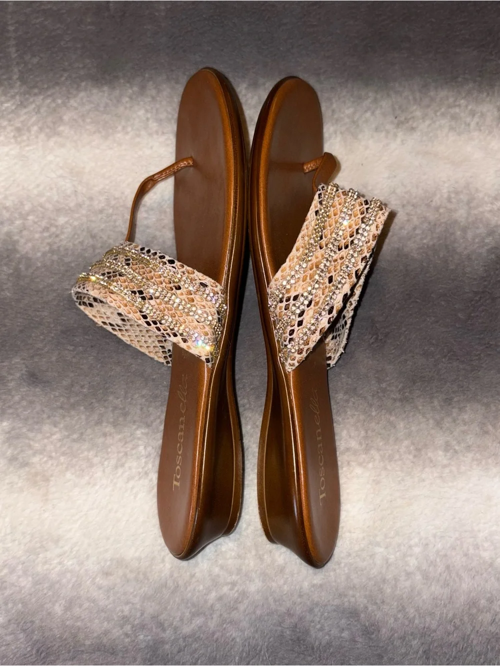 Toscanella Brown Leather Snakeskin Rhinestone Thong Sandals Sz 10 Made in Italy